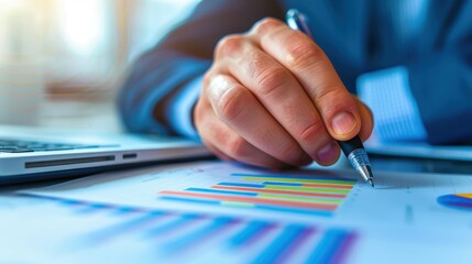 Aufkleber - A man is writing with a pen on a piece of paper with graphs. The graphs are colorful and show different data points. The man is focused on his work, and the scene conveys a sense of concentration
