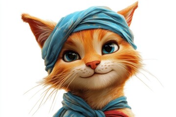 Portrait of a Playful Ginger Cat with a Blue Turban