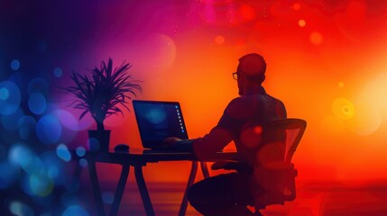 Poster - A man is sitting at a desk with a laptop and a potted plant. The scene is set in a room with a red and blue background, giving it a vibrant and energetic atmosphere. The man is focused on his work