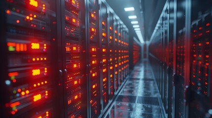 Poster - A high-tech data center features rows of servers with blinking red lights, conveying a busy environment focused on data processing and management.