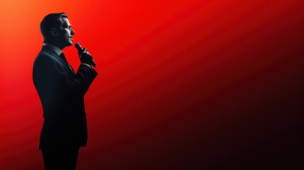 Poster - A man in a suit stands in front of a red background with a microphone. He is holding a microphone and he is a singer or a performer. The red background creates a dramatic and intense atmosphere