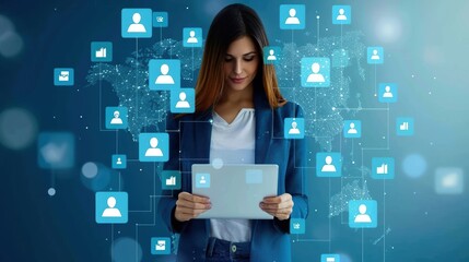 Aufkleber - A woman is looking at a laptop with a blue background and many people icons. Concept of a busy and connected world, where people are constantly interacting with each other through technology