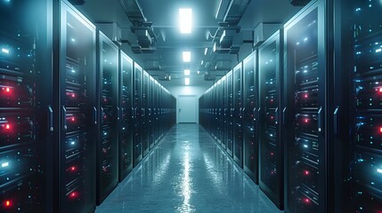 Poster - Bright LED lights illuminate rows of powerful servers in a high-tech data center, creating a futuristic atmosphere in a controlled environment.