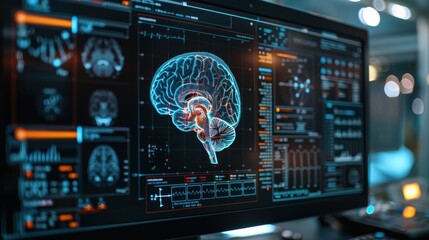 Wall Mural - Advanced Brain Scan Analysis on High-Tech Computer Screen in Modern Medical Research Facility