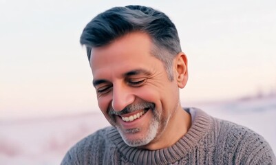 Sticker - Lifestyle portrait video of a satisfied man in his 40s wearing a cozy sweater against a pastel or soft colors background