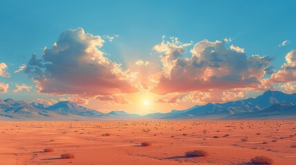 Poster - Beautiful photograph of a desert landscape under a blazing sun with shifting clouds, illustrating the harsh realities of climate change and the importance of sustainability and conservation. high