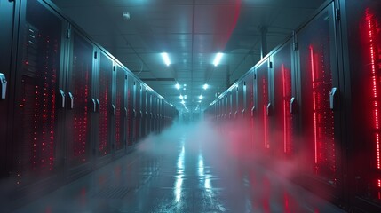 Poster - A futuristic data center features rows of servers glowing red, surrounded by a misty atmosphere, showcasing advanced technology at work.