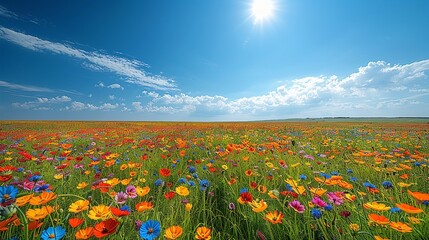 Poster - Stunning photograph of a vibrant field of flowers under a bright sun, transitioning to a drought-stricken landscape, capturing the effects of climate change on plant life and ecosystems. high