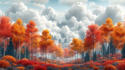 Wall Mural - Dynamic scene of a forest in autumn with vibrant colors and a backdrop of smoke, reflecting the effects of climate change on seasonal transitions and the need for environmental protection. high