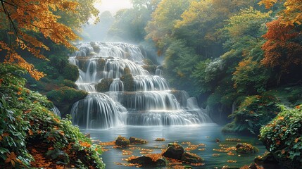 Poster - Captivating image of a cascading waterfall surrounded by lush greenery and autumn leaves, with a distant smoky haze, illustrating the need for environmental protection and sustainability. high