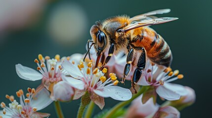 Poster - A close-up of a bee on a blooming flower, representing the role of nature in environmental balance and the need for conservation efforts to combat climate change. high resolution Illustration, in the