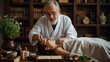 © 凱勛 張 - An ancient Eastern acupuncturist treating a patient, surrounded by medicinal herbs and ancient medical books.