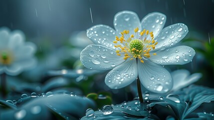 Wall Mural - A close-up of a wildflower in a spring meadow with rain droplets, representing the delicate balance of ecosystems and the need for environmental protection and climate action. high resolution