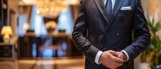 Elegant concierge in formal attire at hotel reception desk. Free copy space for text.