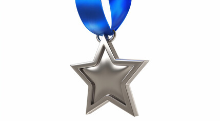 Silver Star Medal with Blue Ribbon: A gleaming silver star medal with a classic blue ribbon hangs against a pristine white background, evoking a sense of achievement and accomplishment. The perfect sy