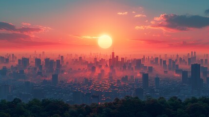 Poster - A dramatic view of a city engulfed in smog, illustrating the impacts of global warming on air quality and the importance of environmental protection and sustainability. high resolution Illustration,