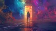 © Marco - person going through an interdimensional door with a universe background and many neon colors