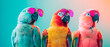 © HUMANIMALS - three parrots wearing sunglasses in front of a colorful background