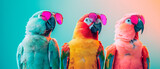 three parrots wearing sunglasses in front of a colorful background