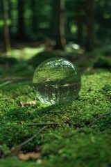 Wall Mural - A glass ball sits on top of a moss-covered ground, a natural setting