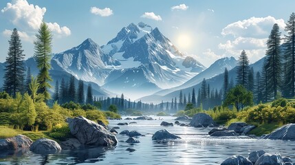 Canvas Print - A serene mountain landscape with clear skies and a flowing river, symbolizing the importance of earth conservation and the impacts of climate change on natural water sources. high resolution