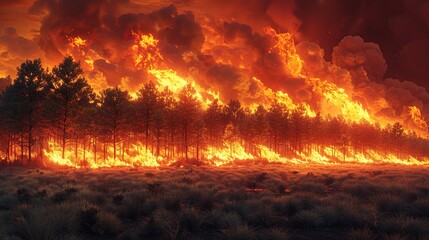 Wall Mural - A striking image of a wildfire in a dry forest, highlighting the urgent need for fire management and global warming solutions to protect natural landscapes. high resolution Illustration, in the style