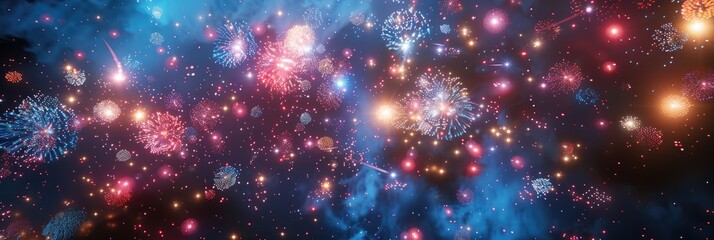 Poster - Minimalistic 3D rendering of a clear blue night sky with colorful fireworks