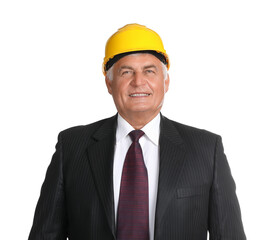 Wall Mural - Engineer in hard hat on white background