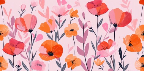 Wall Mural - Colorful floral pattern on a pink background featuring various blooming flowers with vibrant petals