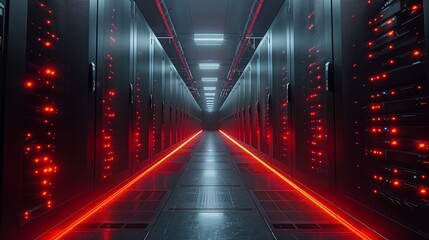Poster - A futuristic data center corridor features blinking red lights along server racks, showcasing high-capacity technology in action at night.
