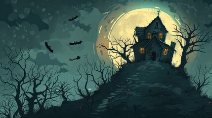 An old, spooky house on top of a hill with a full moon