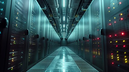 Poster - A spacious server room features rows of servers with glowing indicators, showcasing advanced technology in a modern facility during nighttime.