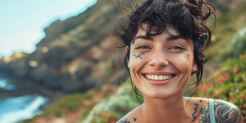 Young beautiful smiling woman with tattoos on nature background. Youth, freedom, traveling, self-expression