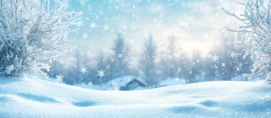 Poster - Snow-covered Branches and a Snowy Landscape with Falling Snowflakes