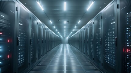 Poster - Rows of server racks line a brightly lit corridor in a modern data center at night, showcasing advanced technology and infrastructure.