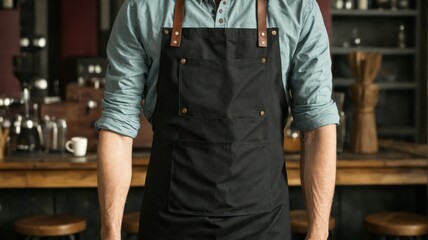 Man wearing black apron brown leather straps He The apron has