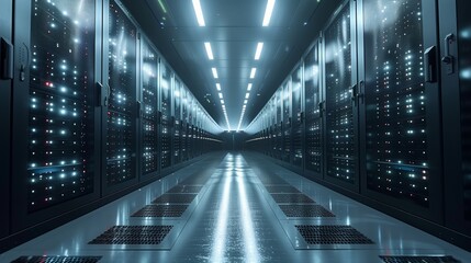 Poster - A modern data center features rows of servers glowing in blue light, showcasing cutting-edge technology and an organized layout.