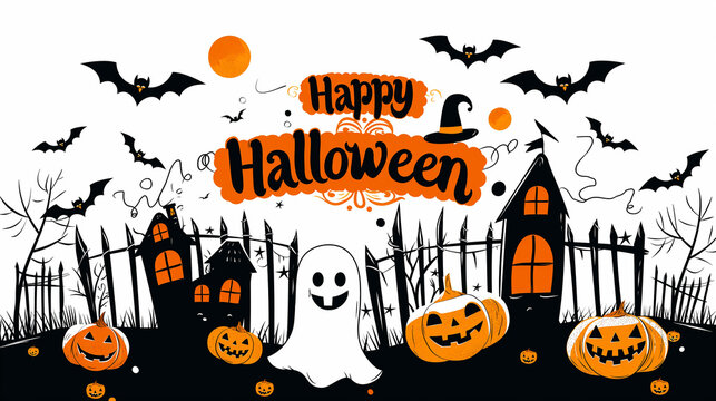 Halloween background featuring pumpkins and ghosts in a spooky setting.