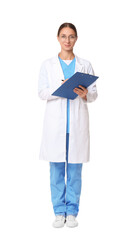 Canvas Print - Nurse in medical uniform with clipboard on white background