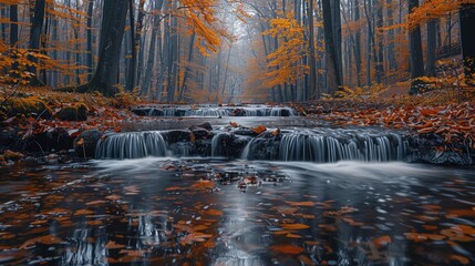 Wall Mural - Enchanting Autumn Forest Waterfall Landscape with Vibrant Leaves