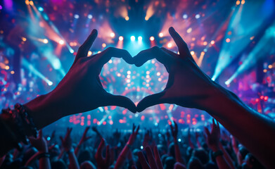 Hands forming a heart shape against a backdrop of colorful lights at a concert, capturing the essence of music and celebration.

