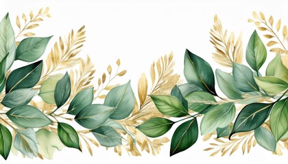 Wall Mural - Seamless watercolor border - illustration with green gold leaves and branches. Generated image