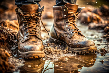 A pair of boots are in a muddy puddle. The boots are brown and have laces