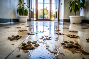 A hallway with a door and two potted plants. The floor is covered in paw prints. Scene is playful and lighthearted