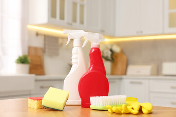 Poster - Cleaning service. Detergents and supplies on table in kitchen