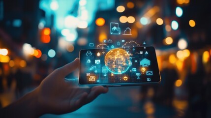 Poster - A Hand Holding a Smartphone with a Globe and Icons in a Night City