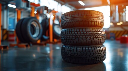 Wall Mural - A new tire is installed by an auto repair shop. The background is blurry and shows a car in the stock blur of the industry getting four new tires put in an auto repair shop.