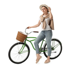 Sticker - Beautiful young woman with bicycle against white background