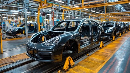 Assembly line and car assembly line with robots welding car steel in a car factory