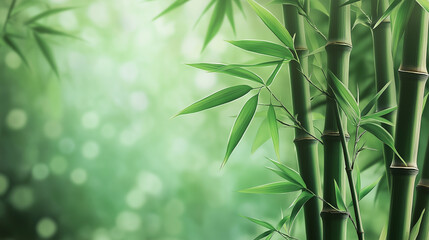 Wall Mural - Green bamboo stalks against a blurred natural background, representing growth, nature, and tranquility.